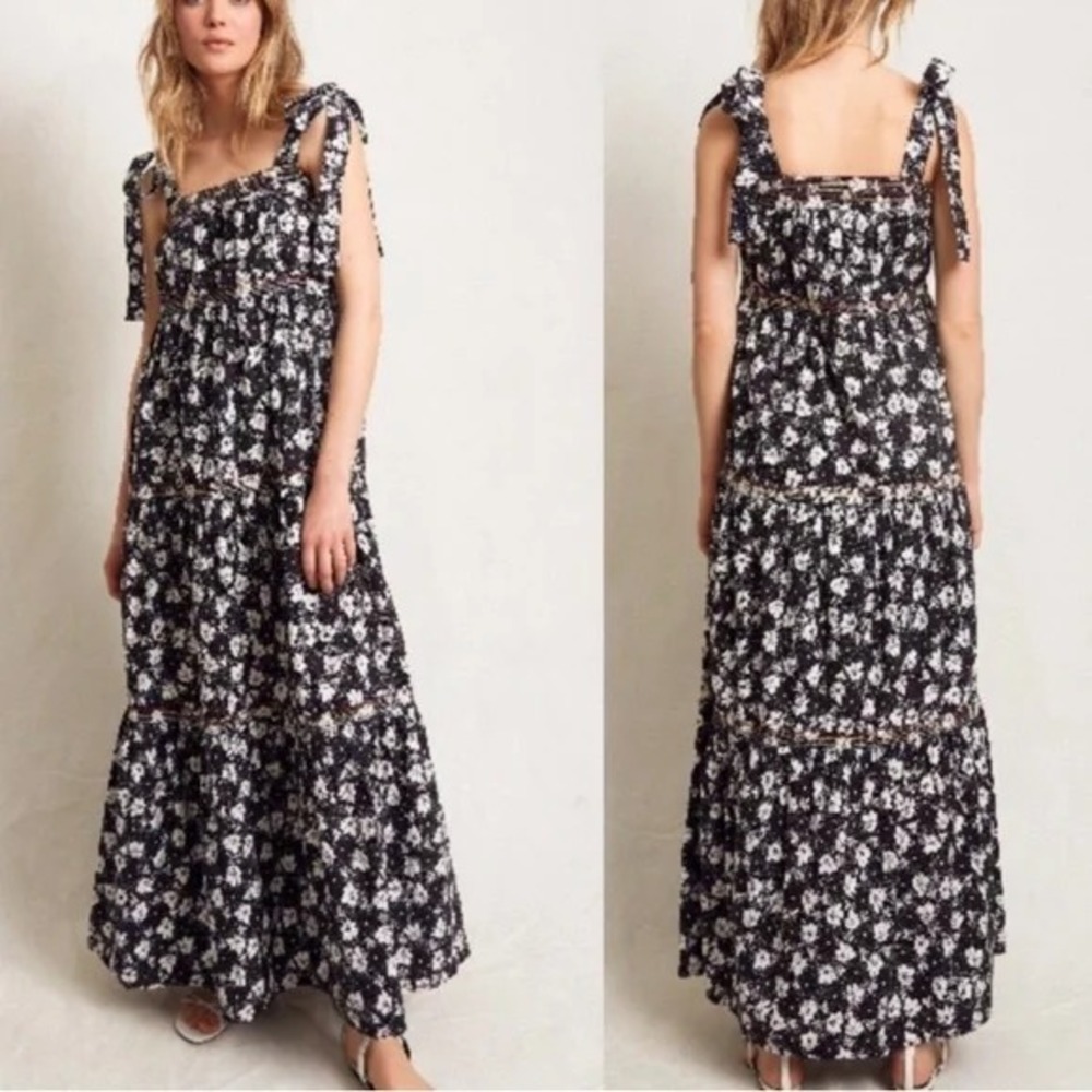 Warm Big Love Floral Tiered Maxi Dress Black 2 / Medium  Tie Shoulder Rainbow